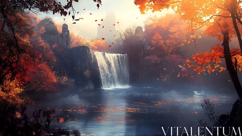 Autumnal waterfall landscape rendered with atmospheric depth mapping