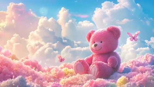 Pink plush teddy bear sits in pastel clouds with butterflies