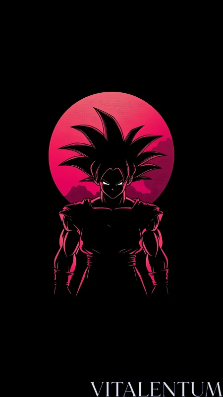 Silhouetted anime warrior under neon red sun backdrop.