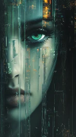 Cybernetic gaze slicing through neon vertical cityscapes.