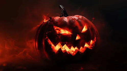 Flaming jack o lantern glows with menacing carved grin
