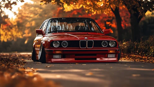 Lowered red BMW coupe rests on leaf-lined autumn road
