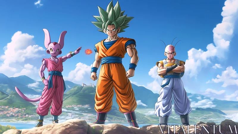 Triadic anime warriors stand against expansive valley backdrop