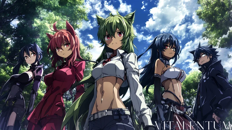 Group of armed anime characters in forest clearing under sky.