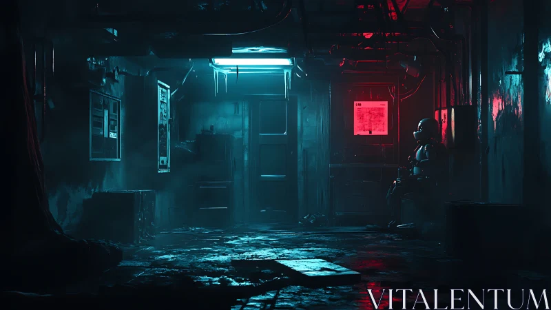 Cyberpunk maintenance corridor with lone sentry android lighting.