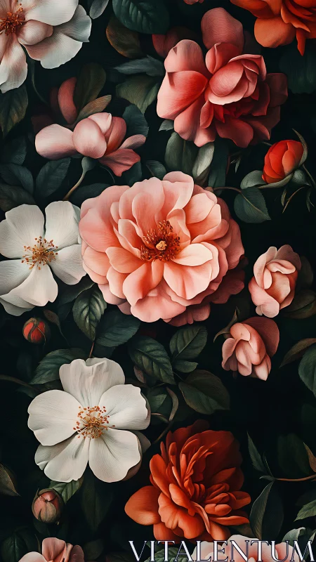 Botanical Study: Peonies and Roses on Dark Background