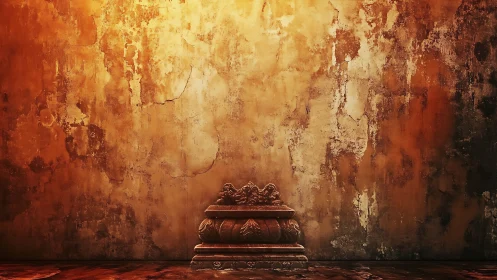 Weathered plaster wall frames ornate empty pedestal base in warm light