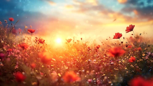 Golden Sunrise Over Blooming Poppy Field.