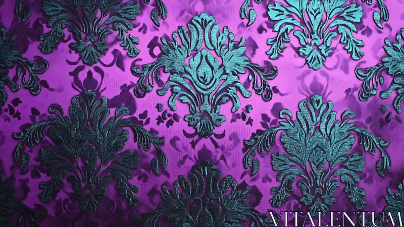 Iridescent teal damask pattern over saturated magenta ground