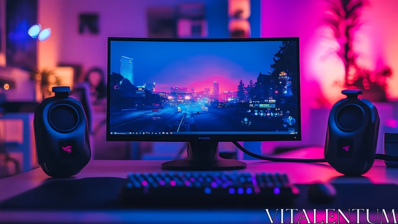Curved gaming monitor glows in neon lit RGB desktop setup