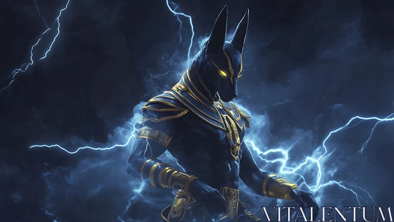 Storm-lit jackal god stands in crackling electric power