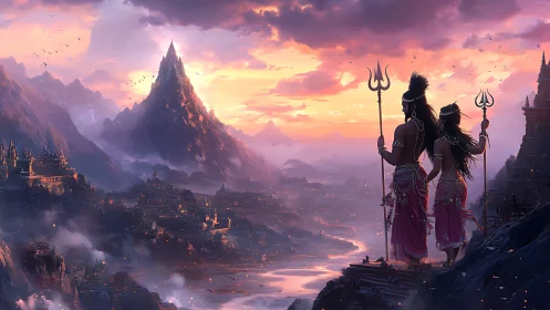 Mythic mountain citadel at dusk with divine observers framed.