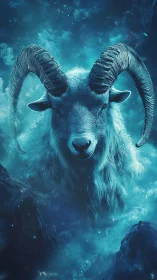 Ram head floats in glowing blue cosmic nebula scene