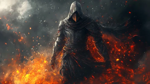 Mysterious fire warrior emerging from swirling embers and ash.