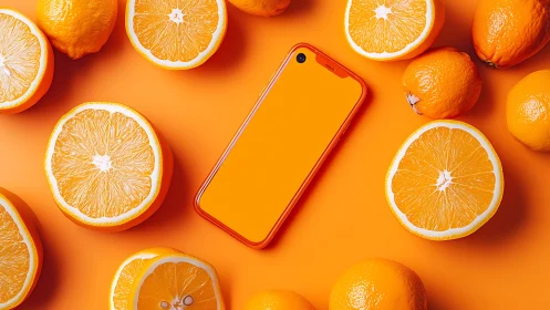 Sunny orange smartphone rests playfully among bright citrus