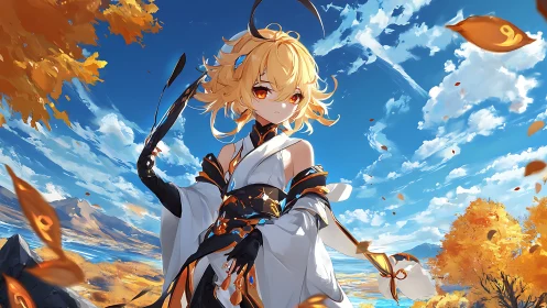 Autumn landscape with anime girl in white and black robes.