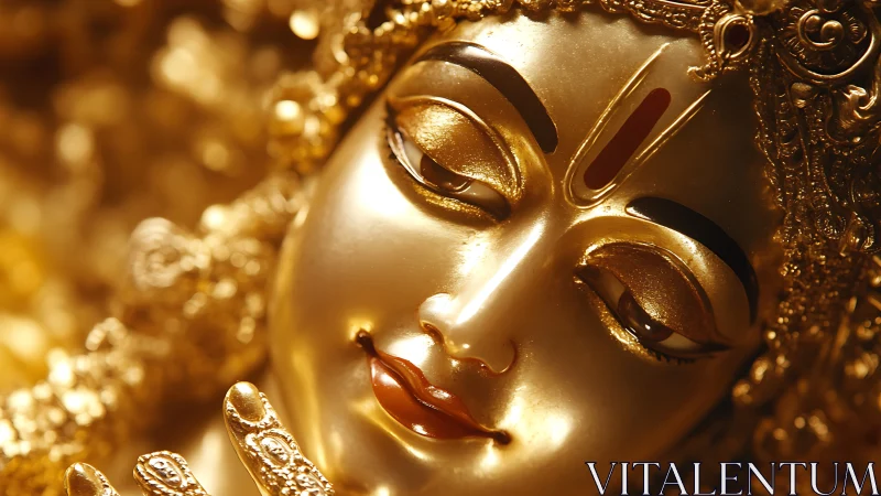 Golden Hindu goddess face sculpture in warm closeup view.