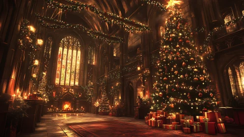 Grand cathedral hall with illuminated Christmas tree.