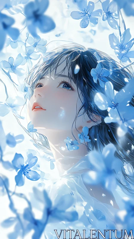 Luminous anime portrait immersed in ethereal blue florals.