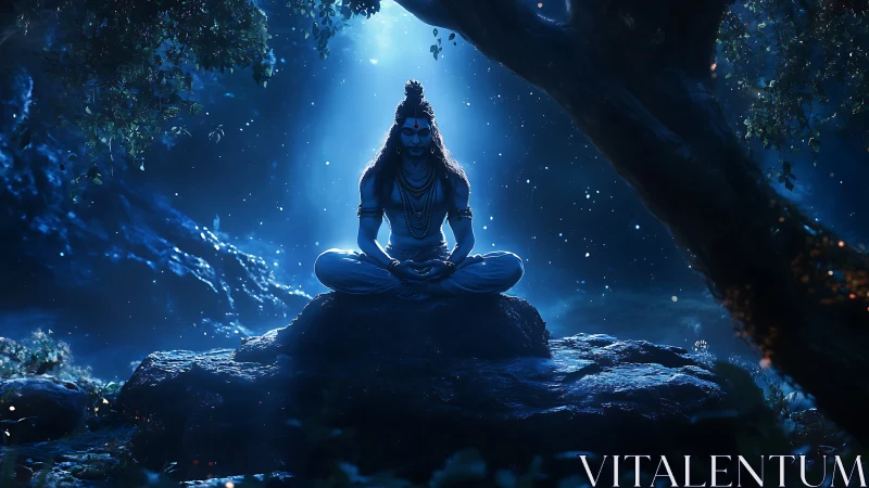 Backlit meditating figure on rocky forest altar in cool blue volumetrics