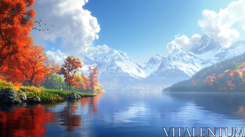 Snowy mountains rise over serene autumn lake panorama.