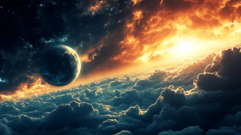 Glowing cosmic sunrise above dreamy cloud seas in space.