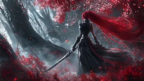 Red haired warrior stands in dark misty crimson forest.