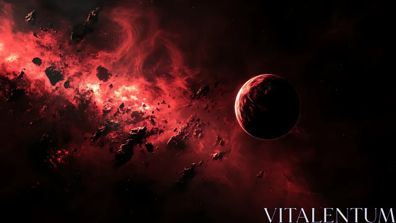 Digital nebula field with eclipsed red planet focal point.