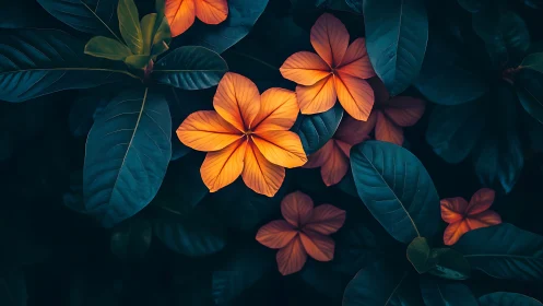 Vibrant Orange Flowers Against Deep Teal Foliage.