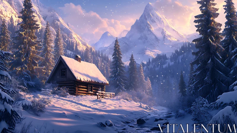 Snow covered log cabin in conifer forest below tall peaks.