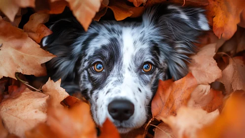 Blue merle dog peering through crisp autumn foliage closeup.