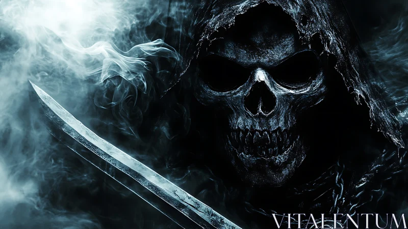 Hooded skeletal figure with sword in dark smoky environment.