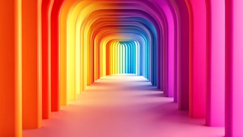 Vibrant rainbow tunnel with repeating arched corridors.