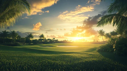 Tropical golf course glows under dramatic sunset sky.