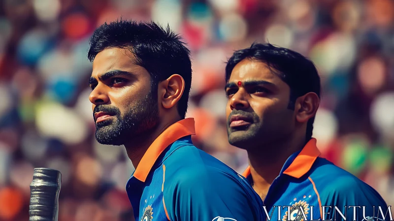 Two cricket players in blue uniforms during match pause.