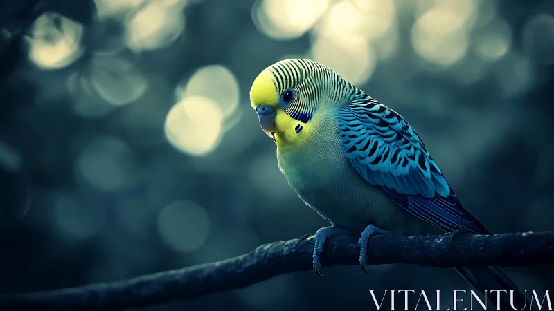 Vibrant budgerigar perched on branch, dreamy bokeh background.