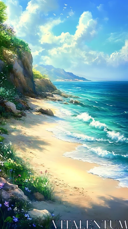 Sunlit coastal path where gentle waves meet golden sand.