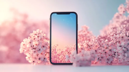 Smartphone framed by soft pink cherry blossoms at dusk.