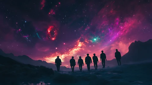 Digital painting of silhouetted travelers under nebula sky.