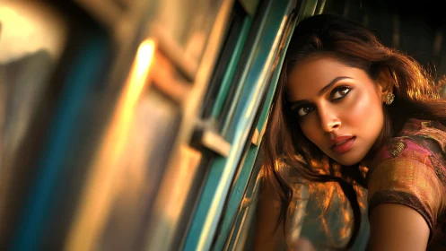 Woman leans from train window under warm directional light