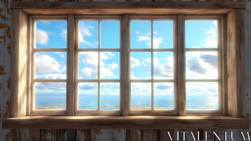 Sunlit shore framed by weathered cottage windowpane dreams.