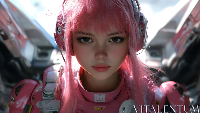 Pink mecha pilot portrait with hyperreal facial detailing.