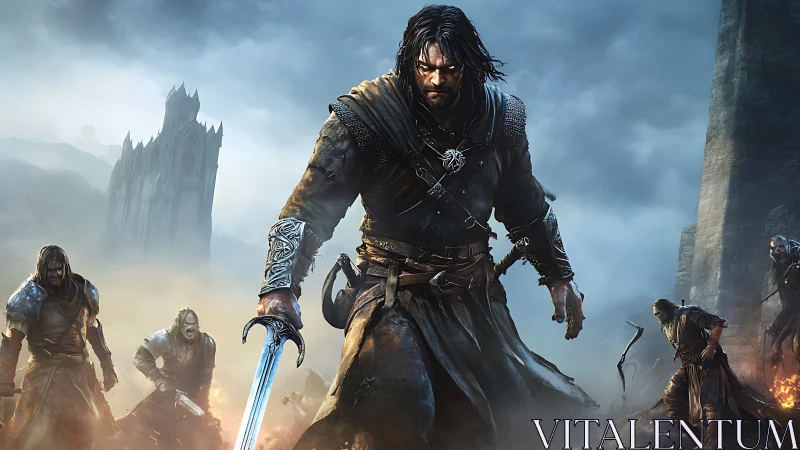 Storm-lit warrior strides forward as foes close in around him