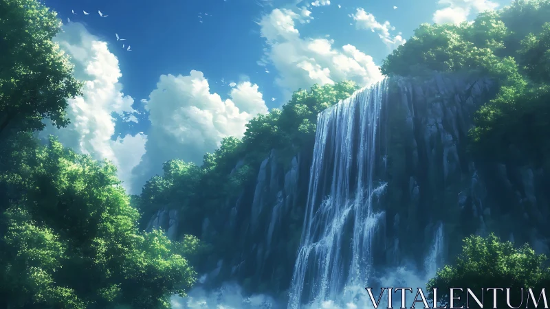 Sunlit waterfall pours gently through a peaceful forest valley