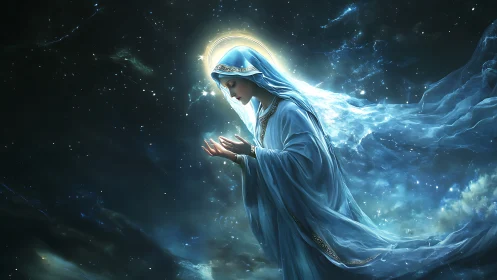 Ethereal robed figure in luminous galactic blue aura.