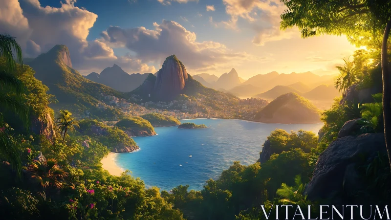 Sunlit tropical bay encircled by lush hills and distant city.