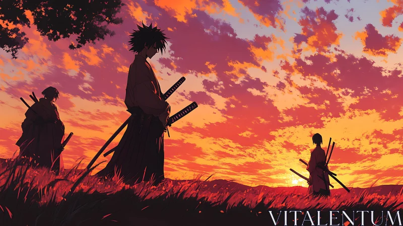 Samurai silhouettes under blazing sunset sky in field.