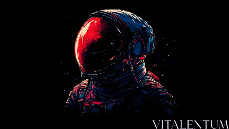 Solitary astronaut portrait glows in neon red starlight
