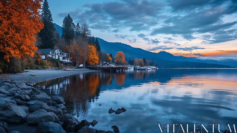 Photorealistic lakeside houses with autumn trees at dusk shoreline.