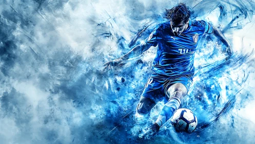 Blazing blue striker carving comet trails across the pitch.